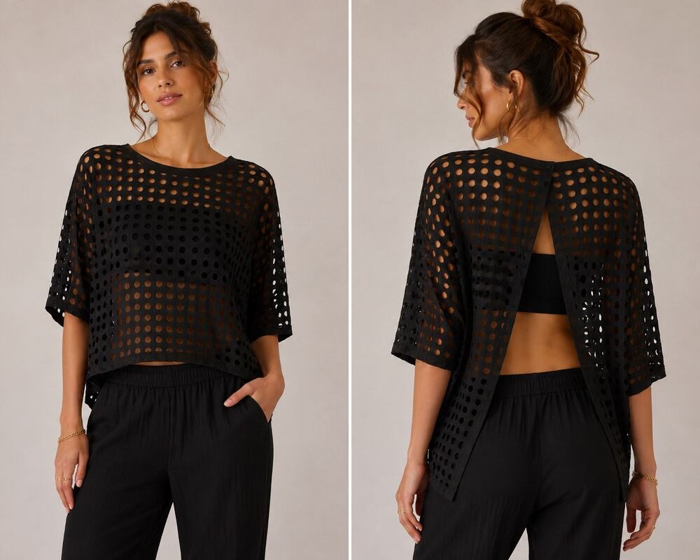 Clara Sun Woo Black Laser Cut Mesh Open Back Top Short Sleeve M Made in USA
